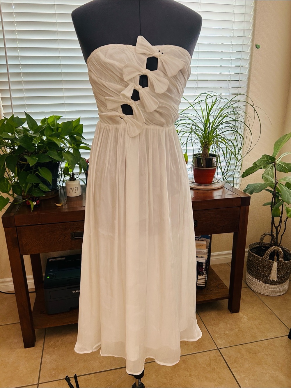 Storia White Strapless Midi Dress with Bow Cutout Detail